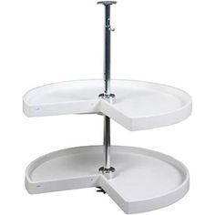 two tiered white cake stand with wheels on each side and an adjustable handle for the top