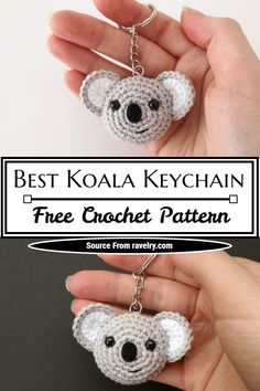 a hand holding a crochet koala keychain with the words, best koala keychain free crochet pattern