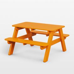 an orange picnic table with two benches on each side and one bench at the top