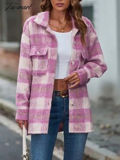 Tavimart Autumn Winter Plaid Coat Women Thick Warm Checkered Jacket Coats Female Plush Loose Oversized Coat Jacket for Women Pink Collared Shacket For Winter, Pink Outerwear With Button Closure And Lapel Collar, Pink Outerwear With Lapel Collar And Button Closure, Pink Long Sleeve Shacket For Winter, Pink Long Sleeve Winter Shacket, Plaid Long Coat With Pockets, Pink Collared Shacket With Pockets, Pink Single Breasted Long Sleeve Outerwear, Pink Long Sleeve Outerwear With Pockets