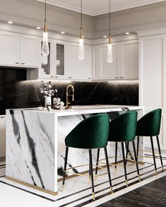 a kitchen with marble counter tops and bar stools