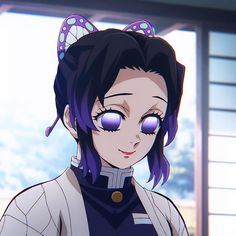 an anime character with blue hair and purple eyes looks at the camera while standing in front of a window