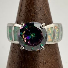 Vintage Mystic Cubic Zirconia & Opal Sterling Silver Statement Ring, UK Size N, US Size 7, EU Size 54, Stamped 925, Front Max Width 10mm, Weight 6.19 Grams, Lovely Condition Multicolor Multi-stone Opal Ring, Multicolor Center Stone Ring, Iridescent Multi-stone Round Rings, Multicolor Round Cut Jewelry With Center Stone, Multicolor Round Jewelry With Center Stone, Statement Ring Silver, Statement Ring, Band Rings, Statement Rings