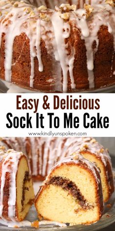 a cake with white icing sitting on top of a glass plate next to a bundt cake