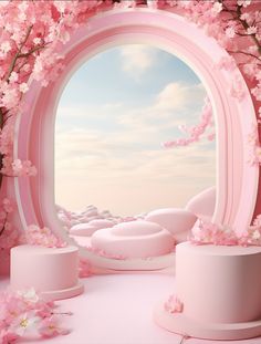 a pink room with an arch and flowers on the floor, in front of a blue sky