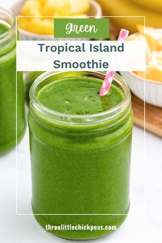 green tropical island smoothie in a mason jar