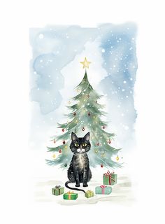 a black cat sitting in front of a christmas tree