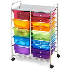 a metal cart filled with lots of different colored bins