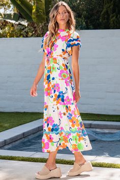 This floral dress is a must-have for your summer wardrobe! Features double layers of flutter sleeves with ricrac trims. Buttoned bodice, drawstring waist, and ruffle flared skirt. The maxi length is flattering on all body types for a long and lean silhouette! V-neck Multicolor Floral Print Maxi Dress, Pink Floral Print V-neck Maxi Dress, Vibrant V-neck Maxi Dress With Floral Print, Pink V-neck Maxi Dress With Vibrant Print, Maternity V-neck Maxi Dress With Floral Print, Romper And Jacket, Maxi Robes, Capped Sleeve Dress, Pink Maxi Dress