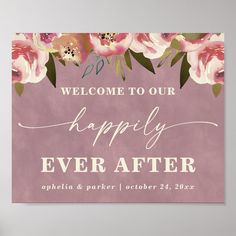 a welcome sign with pink flowers on it