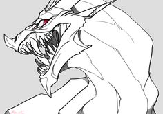 a drawing of a white dragon with red eyes and sharp fangs on it's head