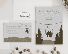 the wedding stationery is designed to look like they are going on a ski lift