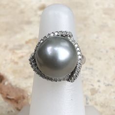 Estate 14KT White Gold Diamond + Gray Tahitian Pearl Cluster Ring Size 5, Estate 14KT White Gold Diamond + Gray Tahitian Pearl Cluster Ring Size 5 - Legacy Saint Jewelry Pearl Cluster Ring, Pearl Cluster, Sea Pearl, South Sea Pearls, Sea Pearls, Tahitian Pearls, White Diamonds, Cluster Ring, White Gold Diamonds