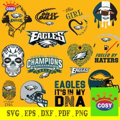 an image of eagles and football logos on a yellow background with the words svg - png - eps - dxf