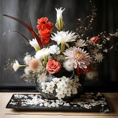 a vase filled with lots of flowers on top of a table