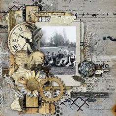 altered photograph of children with clock and flowers