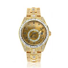 Fully Iced Out 18K Yellow Gold Diamond Sky Dweller Rolex Watch for Men 45ct Custom Rolex, Rolex Diamond Watch, Red Triangle, Rolex Diamond, Sky Dweller, Rolex Watches For Men, 18k Gold Bracelet, Luxury Watch Brands, Expensive Watches