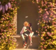 two people sitting on a bench in front of pink flowers and one is kissing the other