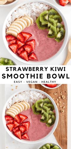 strawberry kiwi smoothie bowl is shown in two bowls