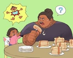 a woman sitting at a table in front of stacks of pancakes with a child standing next to her