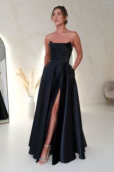 Black Long Formal Dresses Elegant, Black Dress Elegant Long Gowns, A Line Dress For Wedding Guest, Black Tie Maid Of Honor Dress, Black Wedding Dress Satin, Wedding Black Tie Dress Guest, Black Debs Dresses, Dark Bridesmaids Dresses, Black Tie Women Outfits