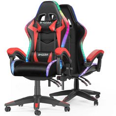 a gaming chair with two different colors on the back and one is black, red, green, blue