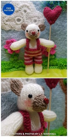 two pictures of teddy bears with knitted clothes and hearts on them, one is holding a heart shaped lollipop