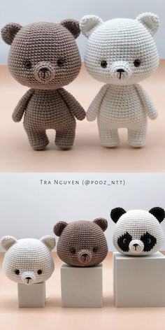 three crocheted teddy bears sitting next to each other on top of white blocks