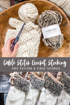 crochet stocking pattern with text overlay that says cable stitch cozy stockings