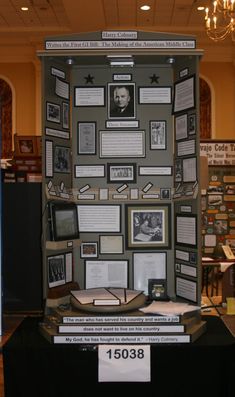 a display case with pictures and information on it