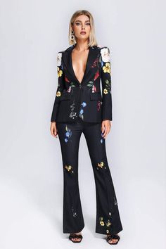 "Beautiful black floral blazer and pant set. Spice up your pant suits with this fun, gorgeous set!  Small - Bust 37\", Waist 26\", Hip 35\" Medium - Bust 39\", Waist 28\", Hip 37\" Large - Bust 40\", Waist 29\", Hip 38.5\" XL - Bust 42\", Waist 31\", Hip 40\" 2XL Bust 44\", Waist 33\", Hip 41.5\" 3XL Bust 46\", Waist 35\", Hip 43\" 4XL Bust 48\", Waist 37\", Hip 45\" * Sizing - All items are made according to measurement ranges, they are NOT typical letter or numeric sizing. It is imperative to Blazer Pants Set, Floral Print Blazer, Womens Suits, Blazer Set, Floral Blazer, Bootcut Pants, Top Pants Set, Tailored Blazer, Printed Blazer