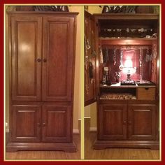 two pictures show the inside of a wooden cabinet