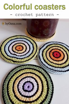 three crocheted coasters with the words colorful coasters on them, in front of