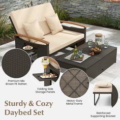 an outdoor furniture set with cushions and coffee table