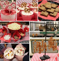 a collage of pictures with cookies, popcorn and other foods on display for people to eat