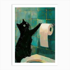 a black cat standing on its hind legs in front of a roll of toilet paper