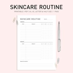 the skin care routine printable is displayed on top of a pink background with a pen and