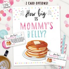 two card options for how big is mommy's belly? with pancakes and coffee