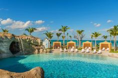 an outdoor swimming pool surrounded by palm trees