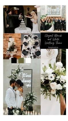 Having an elegant wedding and your colors are black, white, and greenery? Here is so inspiration for your classy b+W wedding. It includes florals, decor, table scapes, photo ops, and bridal party inspo! Black and white florals. Black and White wedding colors. Black and white wedding inspiration. Black and white wedding cake. Neon wedding sign. Black and white wedding tablescape. Wedding champagne tower. Black and white wedding party outfits. Modern Wedding Decor Black And White, Black Sage And White Wedding, Black White Green Pink Wedding, Black And White Wedding Gold Accents, Black And White Farmhouse Wedding, Black White Green Wedding Decor, Summer Black And White Wedding, White Green And Black Wedding, B&w Wedding