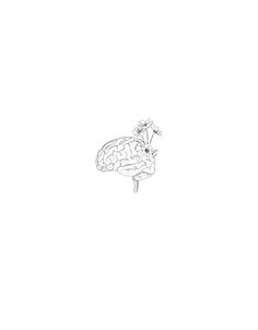 a black and white drawing of a brain with flowers growing out of the top of it