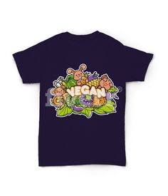 a t - shirt with the word vegan on it and cartoon animals in front