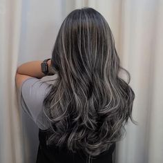 Grey White Highlights On Dark Hair, Grey Babylights On Dark Hair, Hair Lights, Hair Dye Tips, Grey Hair Transformation, Ash Hair Color, Hair Color Streaks, Dark Hair With Highlights