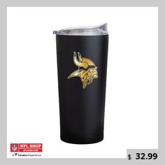 a black tumbler cup with a gold minnesota football logo on it