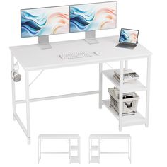 two computer monitors sitting on top of a white desk