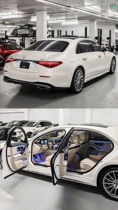 two pictures of cars in a parking garage with the doors open and the interior door opened