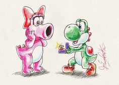 a drawing of two cartoon characters, one holding a gift box and the other looking at each other