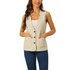 Stay comfortable and stylish in this cotton linen vest for women. The V-neckline adds a touch of femininity to this vest, while the button-down design allows for easy on and off and gives it a versatile look that can be dressed up or down. With its sleeveless design, this jacket is good for layering over shirts, blouses, or dresses. Measurement (in inches) International Size----------Length----------Shoulder----------Waist XS------------------------------22.8---------------14.1------------------ Spring Button-up Vest With Pockets, Beige Cotton Vest With Button Closure, Beige Button-up Vest With Button Closure, Beige Button-up Vest, Sleeveless Cotton Vest With Snap Buttons, Cotton Sleeveless Vest With Snap Buttons, Cotton Button-up Vest With Buttons, Summer Cotton Vest With Snap Buttons, Cotton Button-up Vest