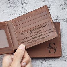 "Personalized with name/initials on the front + meaningful message on the inside (if any), this wallet will be a perfect gift for your Husband at Christmas or a special day. ► MORE ∙ P E R S O N A L I Z A T I O N Add more personal touch to your gifts with a Custom Aluminum Wallet Insert Card from this listing: https://etsy.me/3x6Jum5 The perfect gift combo that the recipient is sure to cherish for years to come. P R O D U C T ∙ I N F O * Materials: Genuine cowhide leather * Dimensions: 4 3/8\" x Personalized Bifold Wallet For Daily Use, Bifold Wallet With Engraved Logo As Gift, Engraved Bifold Wallets As Gifts, Engraved Bifold Wallet As Gift, Rectangular Wallet With Engraved Logo As Gift, Leather Wallets With Engraved Logo Gift, Engraved Bifold Wallets For Gift, Custom Rectangular Wallets For Gift, Engraved Wallets For Him