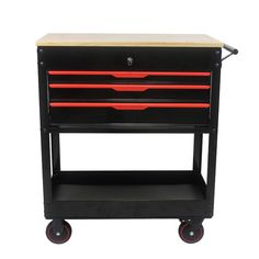 a black and red tool cart with three drawers on it's sides, one drawer is